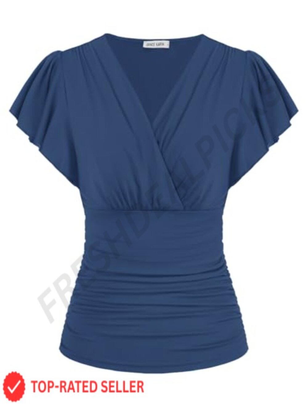 Women's Ruffle Sleeve Wrap V-Neck Ruched Waist Blouse Dressy Casual Top